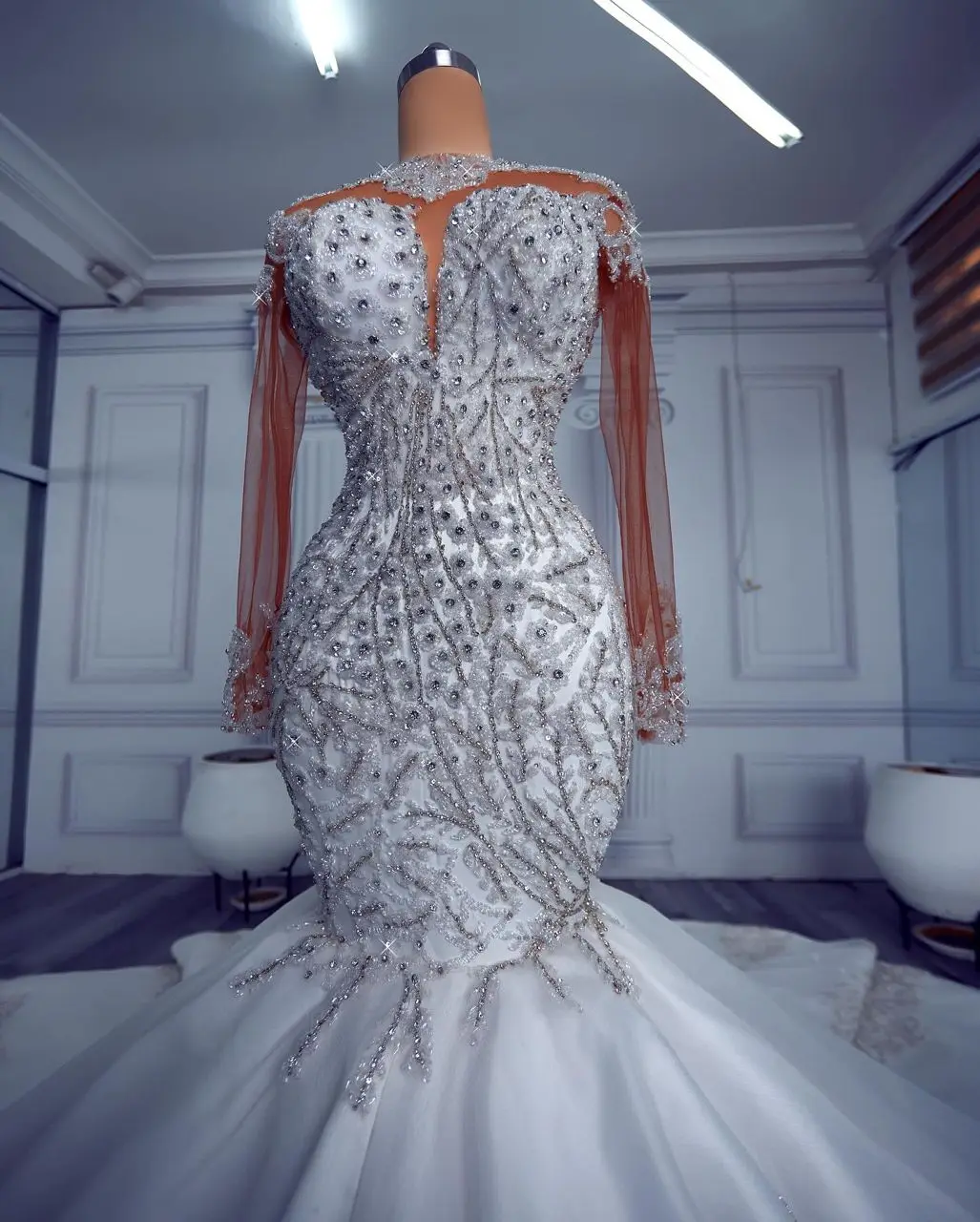 champagne long dress with sleeves Open back long sleeve gown