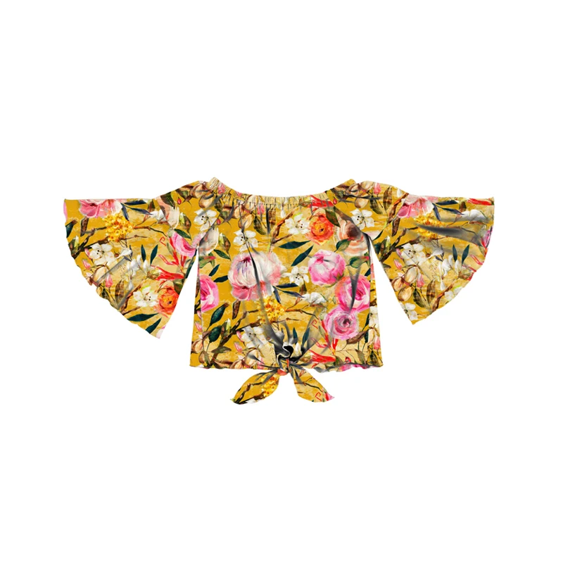 Детские футболки с рукавами-колокольчиками, однотонные футболки с открытыми плечами для маленьких девочек, топы для маленьких девочек с узелком и оборками