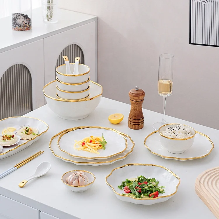 Dishes Plates Bowls Set Nordic Dinnerware White and Golden Rim Design  Hotel Ceramic Dinner Plates Sets