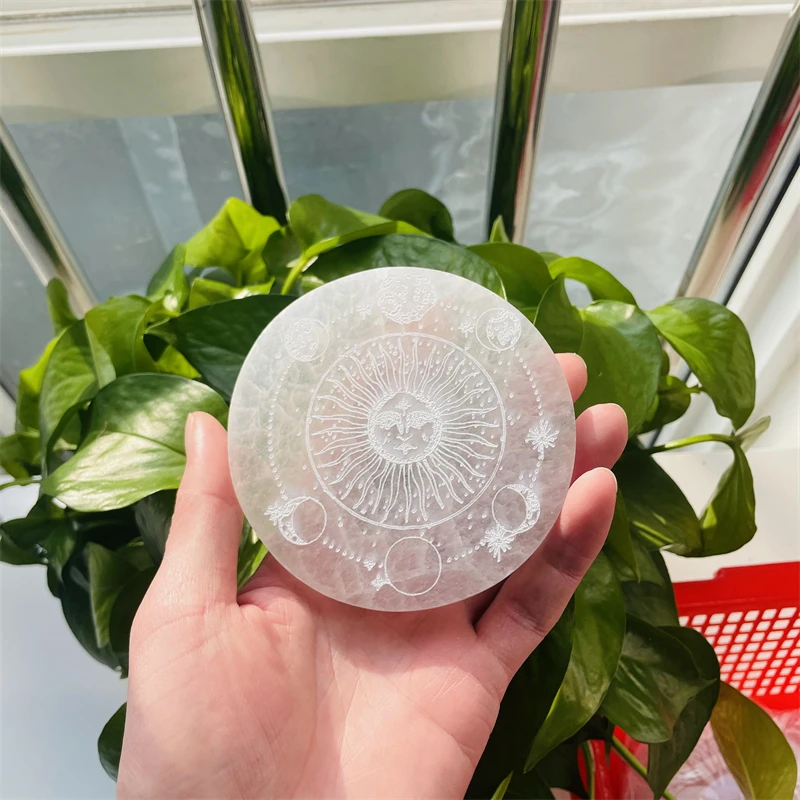 10 cm High Quality Selenite Tree of Life 12 Constellations Coaster Plate Engraved With Chakra Symbol Selenite Carving Slice