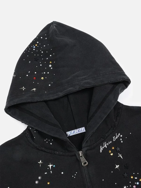 Unisex Popular Fashion Men's Classic Loose Hooded Zipper Cotton Solid Color Sticky Full Rhinestones Spring Autumn Casual Hoodies gallery 3