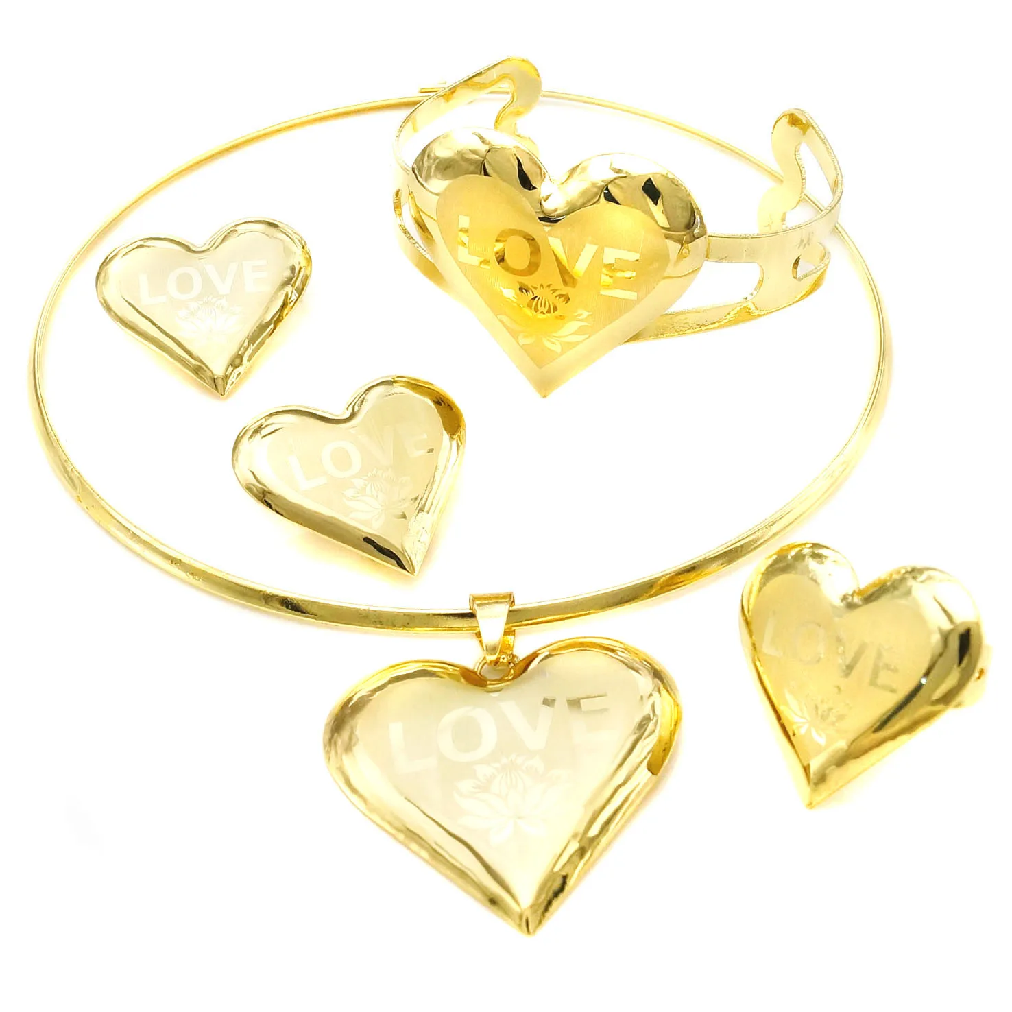 中国供应商批发18k黄金首饰套装优质手链项链和耳环套装玫瑰金心形首饰服装套装