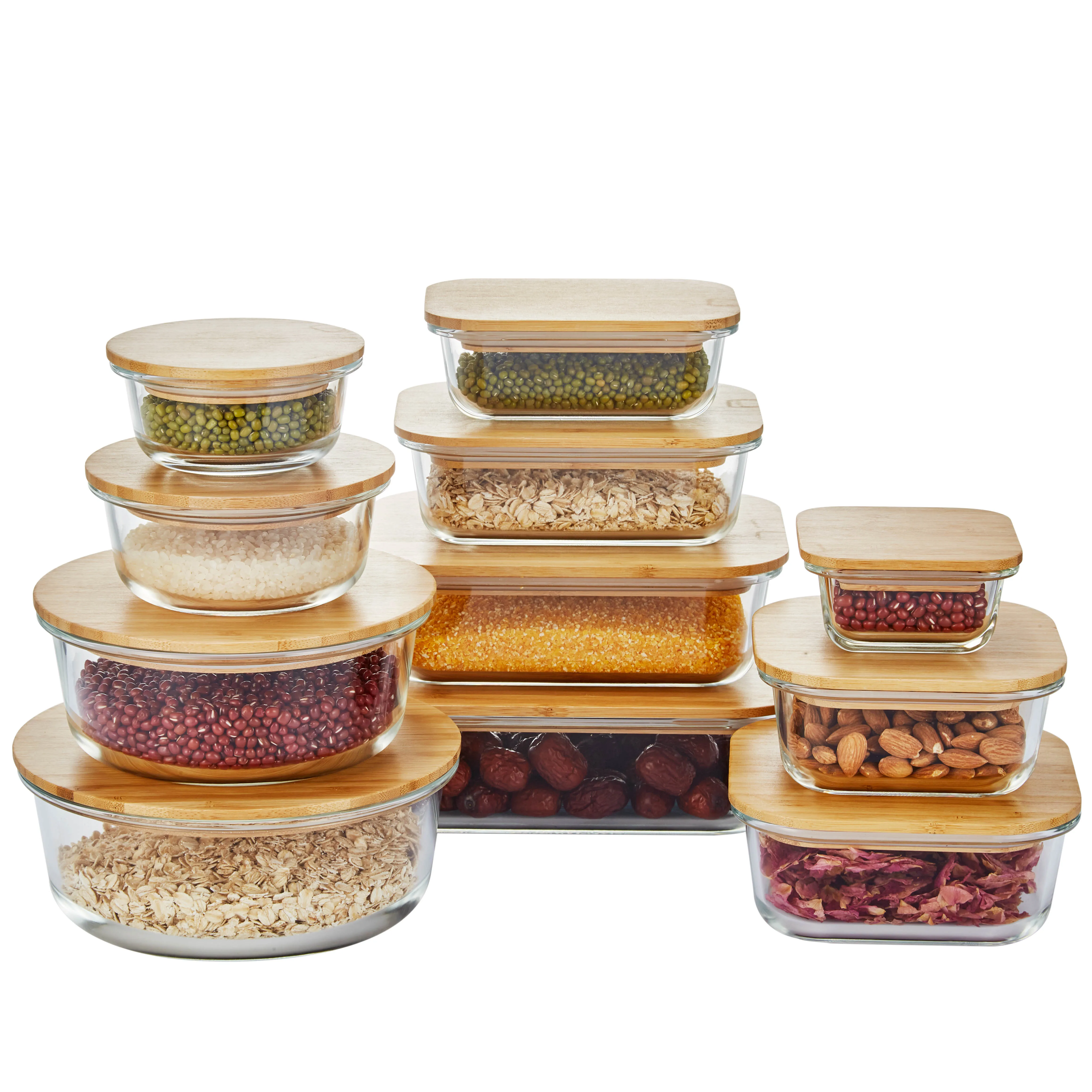 customized food containers Rectangle high borosilicate glass food containers  with printed with bamboo lids