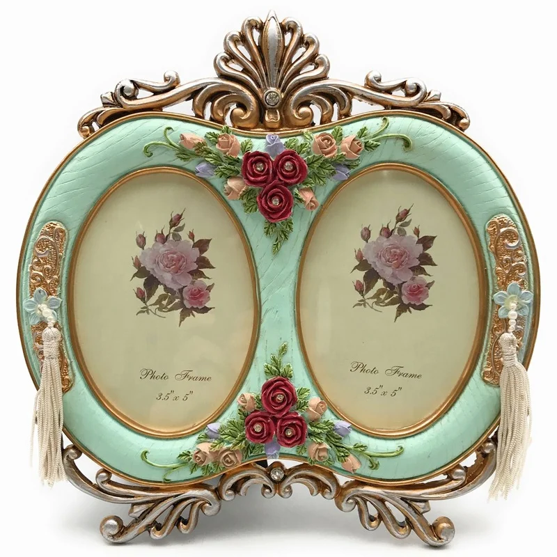 Custom Antique Vintage Style Resin Funny Double Lattice Oval Picture Frame European Cute Carving Rose with Tassel Photo Frame
