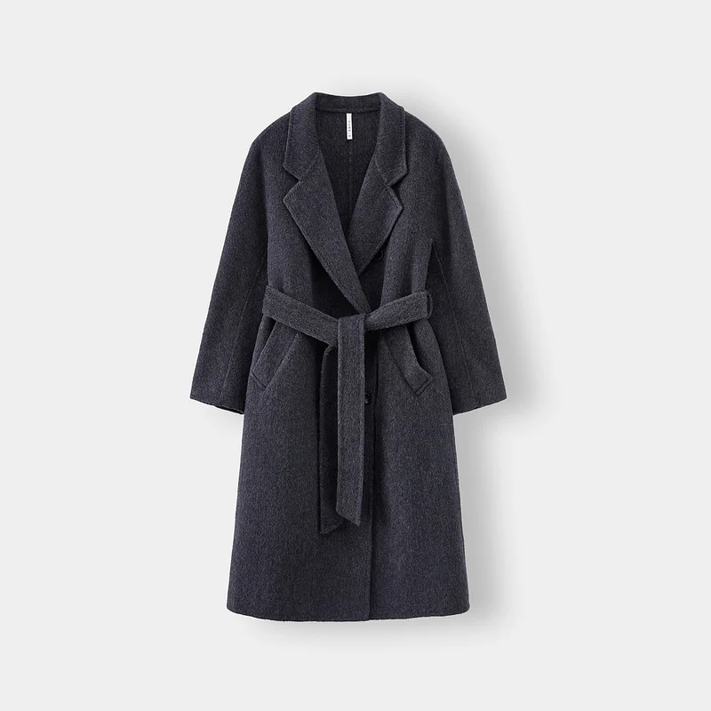 Custom Women Autumn Winter Wool Maxi Coat with Belt Lapel Solid Color Loose Cardigan Ladies Elegant Long Coat