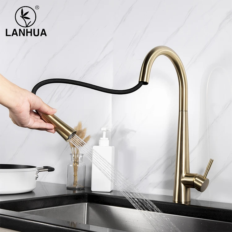 K1 Gold cUPC UPC 61-9 NSF Single Handle Pull Out Pullout Kitchen Sink Long Spout Head Mixer Tap Taps Faucet For Kitchen Sink