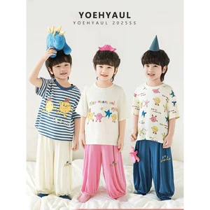 YOEHYAUL N6228 Summer Cute Print Kids Pajama Set Soft Breathable Short Sleeve Boy Kids Sleepwear Homewear Pajamas for Children