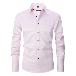 Men's Casual Anti-Wrinkle Long Sleeve Solid Color Shirt Four-Sided Stretch Slim-Fit Single Breasted Button Twill for Autumn