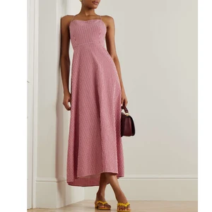 Customized Clothes Summer Casual Fashion High Slit Hollow Out Smocked Dresses 100% Cotton Red Plaid Print Midi Dress for Women