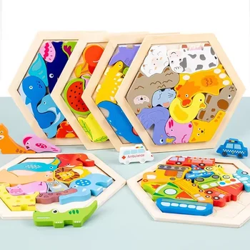 Baby Wooden Jigsaw 3D Puzzle Blocks Animal Fruit Cartoon Traffic Educational Toys Puzzles for Kids