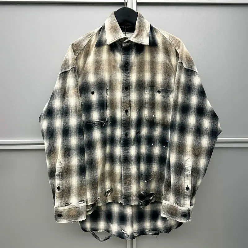 Salati Custom Unisex Vintage Tshirts Oversized Baggy Sun Faded Acid Wash Long Sleeve Plaid Boxy Button Down up Flannel Shirt Men gallery 9