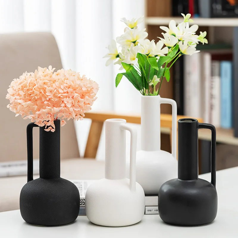 Modern home decor minimalism ceramic vase with handle decoration flower vase gift for living room