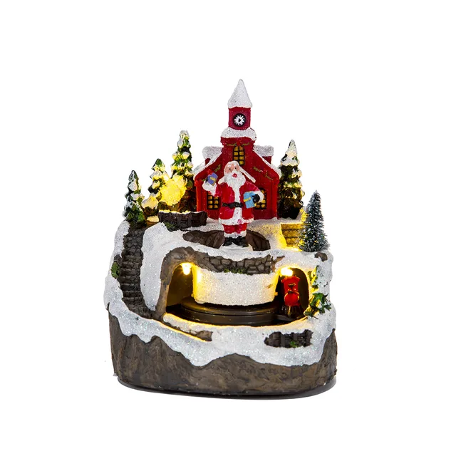 Christmas Village Figurines Snow Globe with Spinning Train Christmas Collectible Buildings Decoration