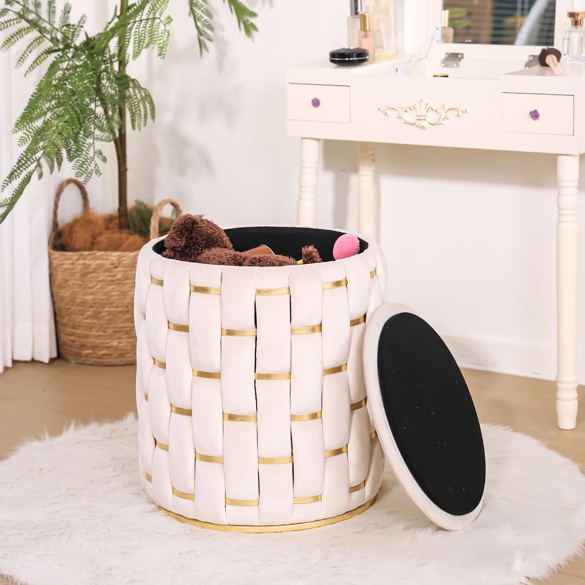 Modern Living Room Furniture Fabric Gold Side Velvet Ottoman Stool with Storage