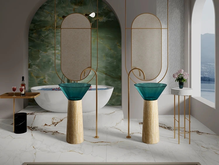 Designer Style Travertine Pedestal and Blue Transparent Resin Wash Basin Minority Art Free Standing Bathroom Sink for Hotel