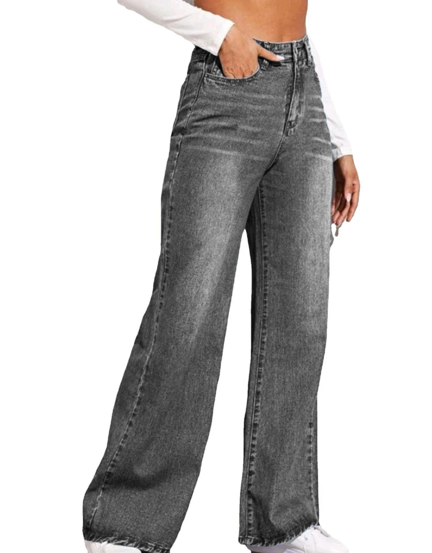 Wholesale New Design Wide Leg Casual Loose Jeans Full Length Straight Boyfriend Jeans for Women Zipper Fly factory