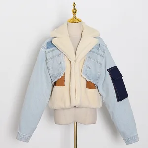 Custom Crop Fur Denim Jean Jacket With Faux Fur Collar Women's Jackets Coats