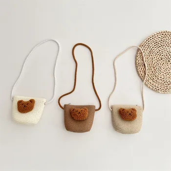 Summer Kids Straw Woven Handmade Bag Mini Baby Girls Coin Purse Shoulder Bag Infant Toddler Cute Cartoon Bear Crossbody Bag