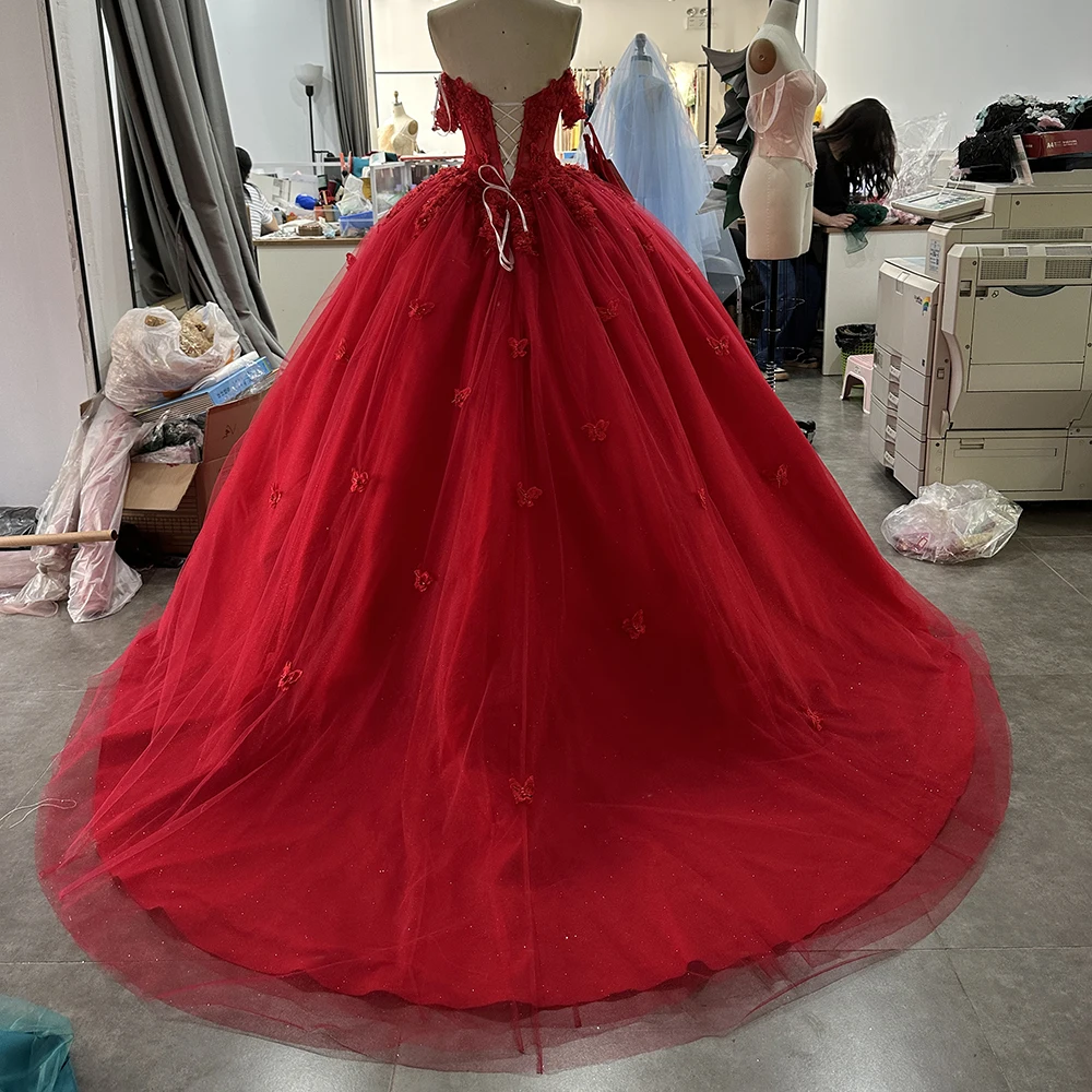 Red Sparkly Ball Gown Applique Lace Beaded Sequined Quinceanera Dress  Princess Sweet 16 15Year Girl Party Dress Lsyb08-6