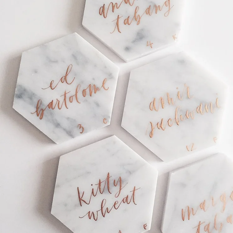 product hot selling customized logo beautiful marble craft pure carrara white marble hexagon coaster-0