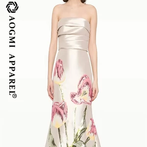Haute Couture Luxury Ladies Off-the-Shoulder Sleeveless Floral Digital Print A-Line Maxi Dress Taffeta 100% Silk