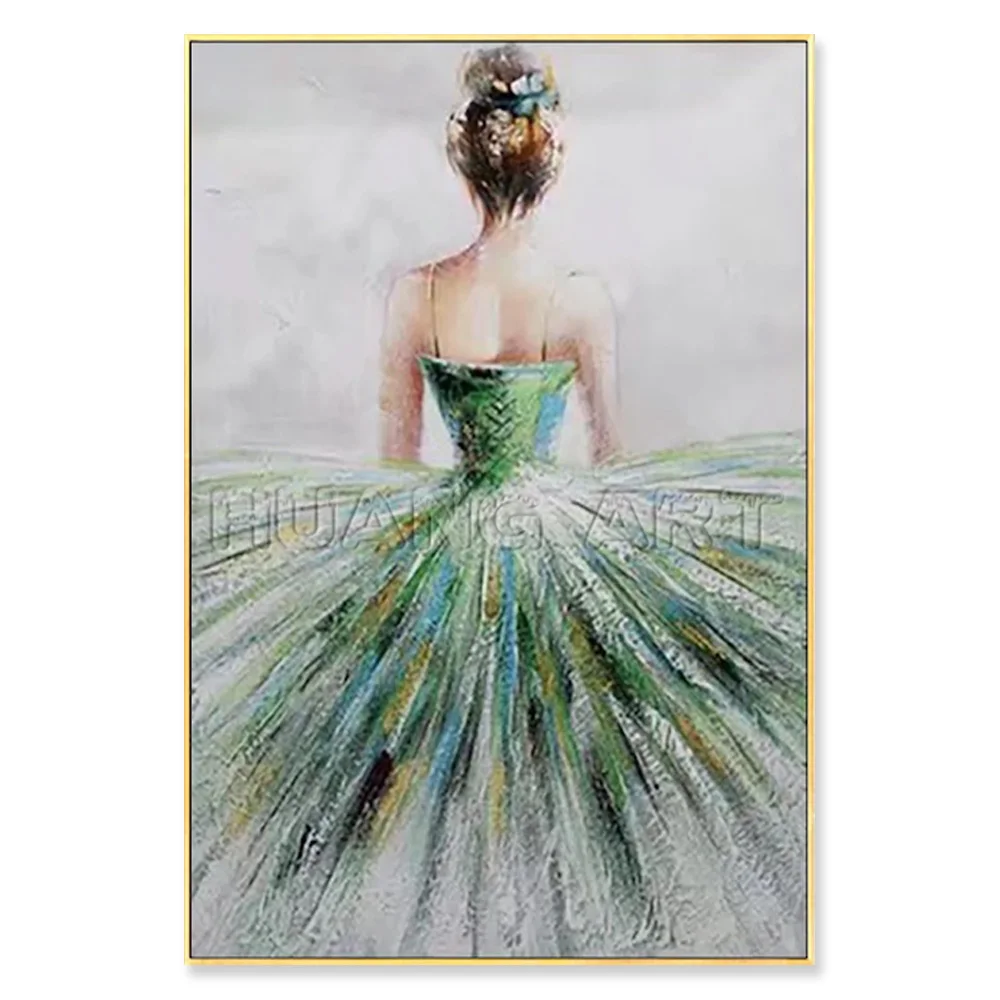 Handpainted Modern Ballet Figure Wall Painting Green Oil on Canvas Living  Room Decor with Dancing Girl Handmade Beauty