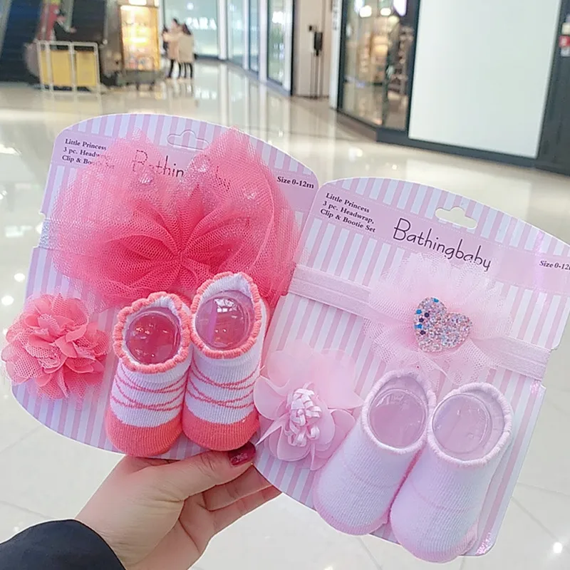 3 шт., хлопковые носки и повязки на голову для девочек 0-3 месяца
