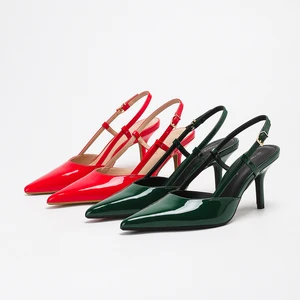 1235-4 Best Selling Women's Pointed Toe Thin Heels Slip-On Slingbacks Patent Leather Fashion Trend Solid Sandals for Summer