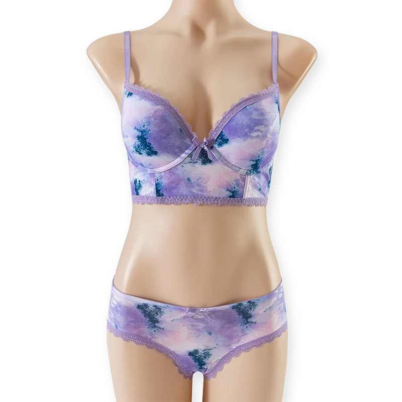 Customized Pushup Nylon Microfiber Bra Sets Ink Print And Lace Trim
