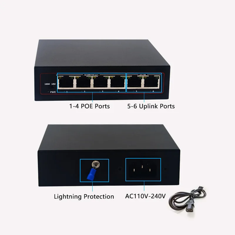 10/100Mbps 4 Port RJ45 PoE+ 2 Uplink Un-managed Poe Switch 803.af/at Compliant for IP Cameras VOIP Phones supplier