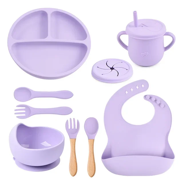 set de 5 bucăți de veselă pentru hrănirea copiilor din silicon antiderapant, versiune americană, set de 9 bucăți: farfurie cu ventuză, farfurie, lingură, furculiță, bibă, pahar – veselă pentru mesele copiilor