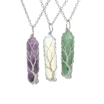 Healing Crystal Stone Necklace Life Tree Wire Wrapped Double Pointed Bullet Pendant Natural Chakra Reiki Quartz Pendant Necklace