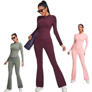 Stand Collar Zip Front Activewear Set High Waist Flared Pants Quick Dry Slim Fit Tummy Control Seamless Workout Outfit 2 Piece