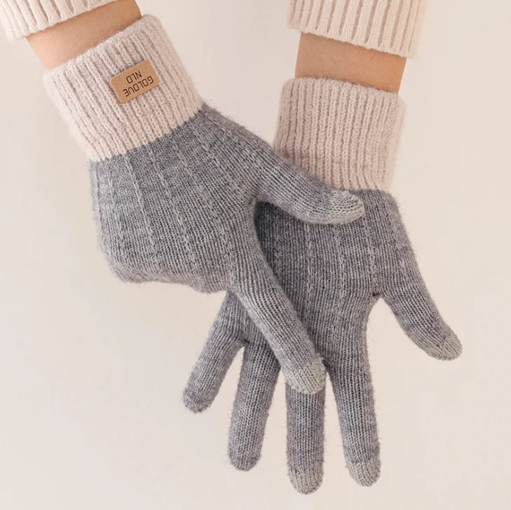 Зимние женские варежки, акриловые шерстяные вязаные перчатки с пятью пальцами для вождения сенсорных экранов