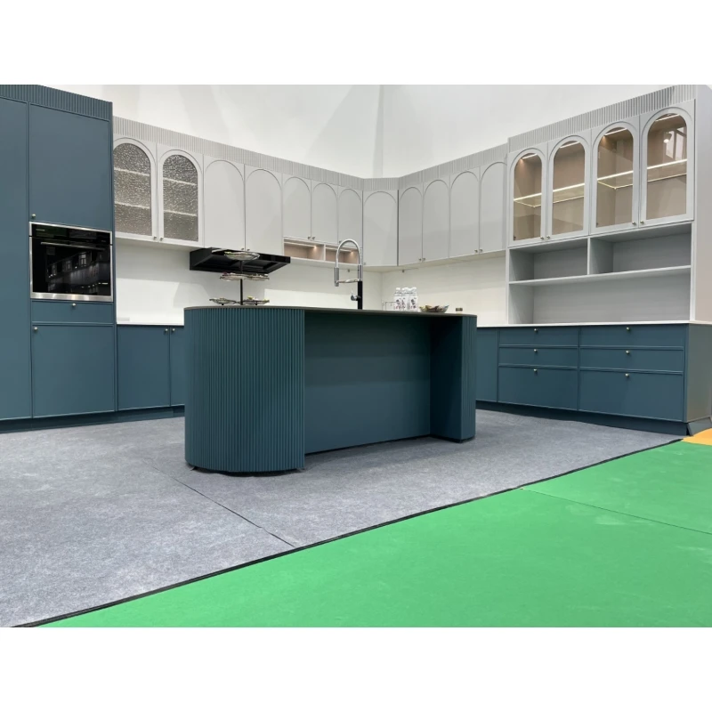Modern White Modular High Gloss Kitchen Cabinets With Round Design Island