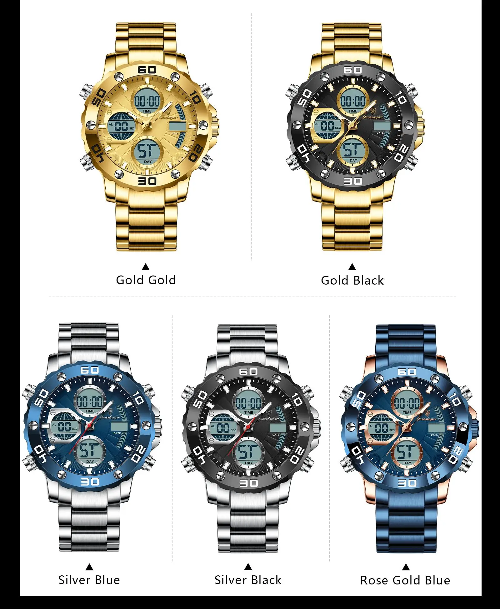 POEDAGAR E102 New Men Fashion Digital Quartz Movement Men Electronic Watches Led Dual  Display Luminous Stainless Watch for Male