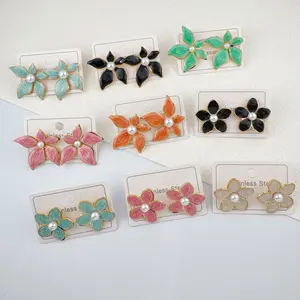 MW Simple Stainless Steel Metal Flower Shaped Plum Blossom Petals Stud Earrings Colorful Droplet Shaped Earrings Women