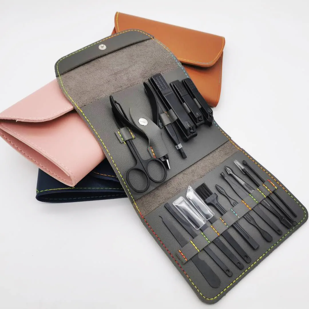 16pcs Amazon Hot Sale Manicure Pedicure Set in Soft Leather Pouch for Gift and Give Away