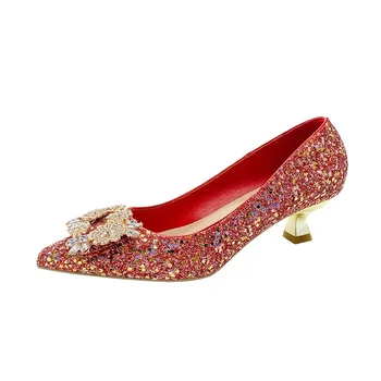 2024 latest Summer shoes women high heels large size rhinestone pointed bridesmaids red wedding shoes for women