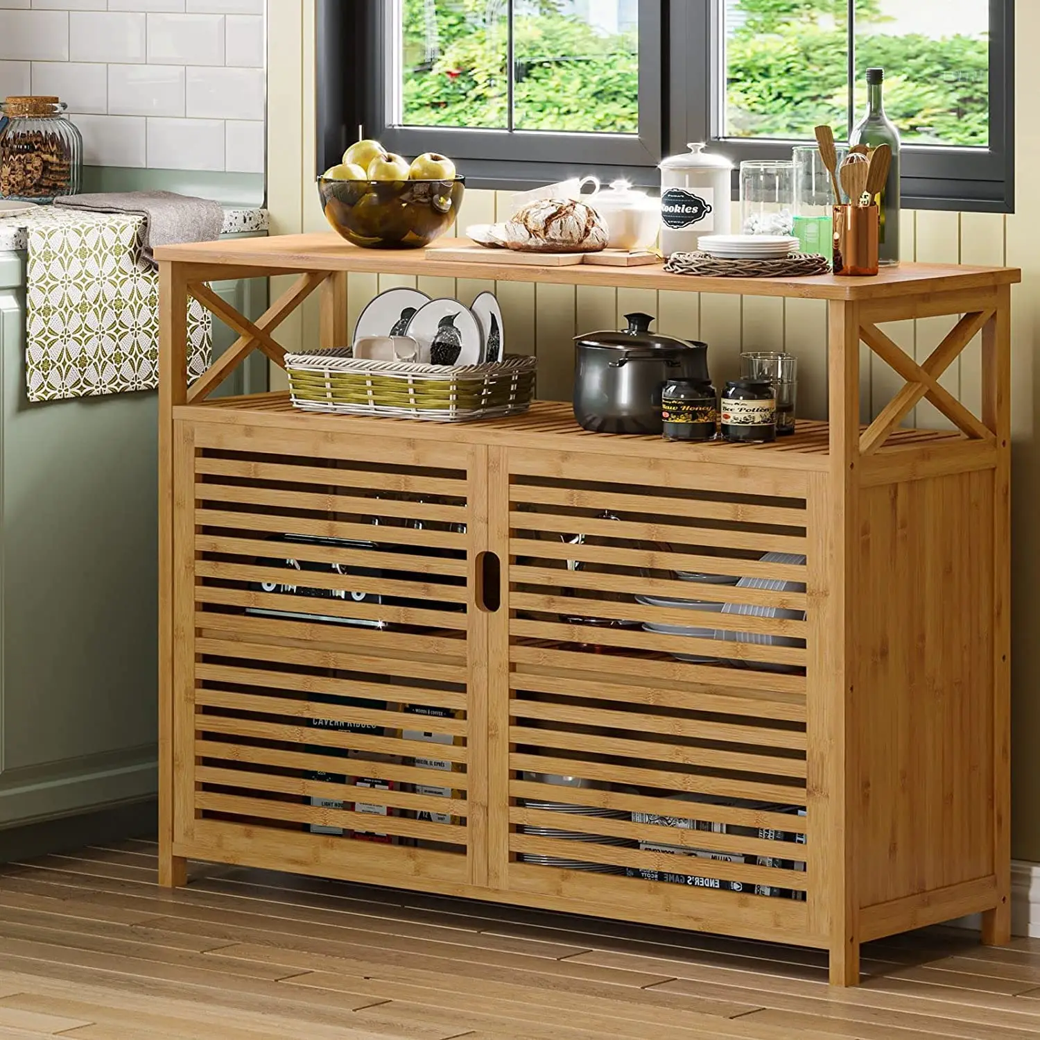 Kchenbuffet-Sideboard, Bambus-Aufbewahrungsschrank mit 2 Tren und  Prsentationsregalen, Buffet-Servierschrank, Freistehend