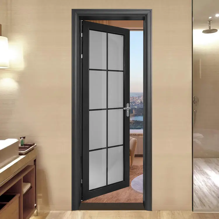 Factory Price Modern Interior Toilet Bathroom Aluminum Frame Frosted Tempered Glass Insert Single Leaf Casement Door with Lock