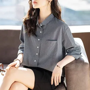 Bestseller Women Long-Sleeve Striped Shirt Autumn Blouse With Pockets Plus Size Women's Top