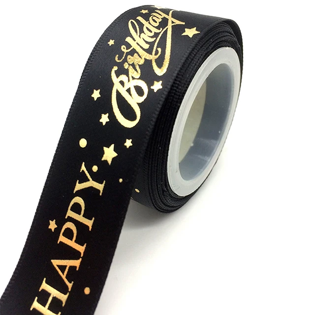 black Grosgrain ribbon foil gold logo stamping happy birthday ribbon gift packaging