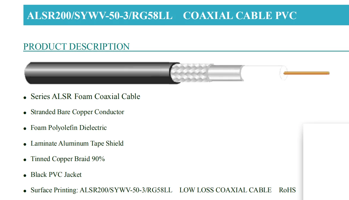 ALSR-195 Coaxial Cable (Equivalent to LMR-195) for Cellular Antenna