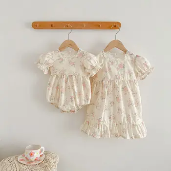 Summer Baby Girls Clothes Girls Dress Flower Print Lace Collar Sleeve Cotton Baby Romper Princess Dress Matching Sister Outfit