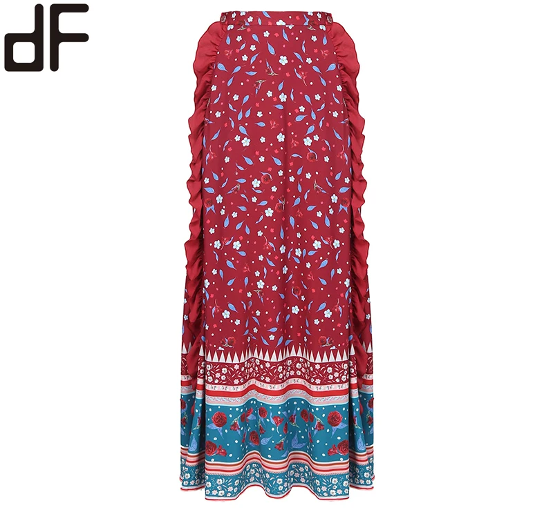 Day Look OEM Factory Customized Islamic Long Skirts for Women Maroon Floral Print Ruffle a Line Skirt Muslim Ladies Skirts