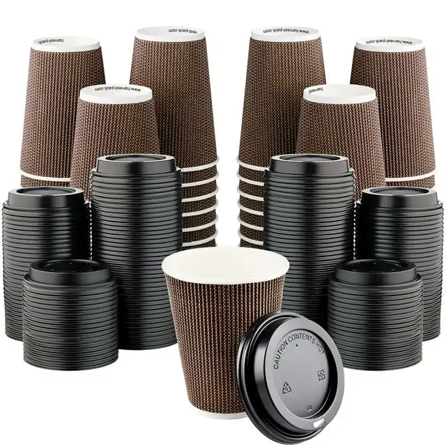 Ripple Wall Purple Coffee Cup with Lid Disposable Paper Cups for hot Beverages