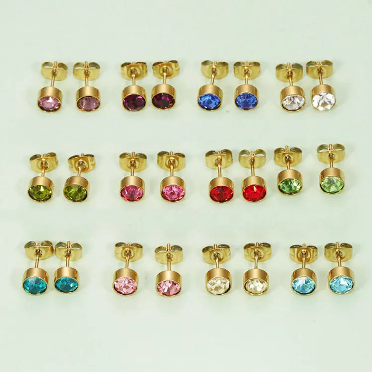Wholesale Simple Design Minimalism Gold Plated Stainless Steel 12 Month Birthstone Stud Earring for Girl Friend