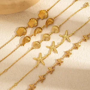 New Hot Selling Trendy Bohemian Style Stainless Steel Shell Starfish Charm 18K Gold Plated Waterproof Women's Beach Party