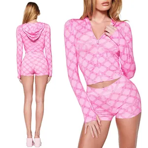 Huili Manufacturer High Quality Zip up Hooded Ctop Top & Shorts Slim Fit Sports Custom Print Two Piece Women Loungewear Sets